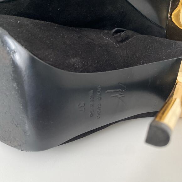 Giuseppe Zanotti Boot Black Suede Sculpted Gold Metallic Slim Heel Knee … - Picture 7 of 9